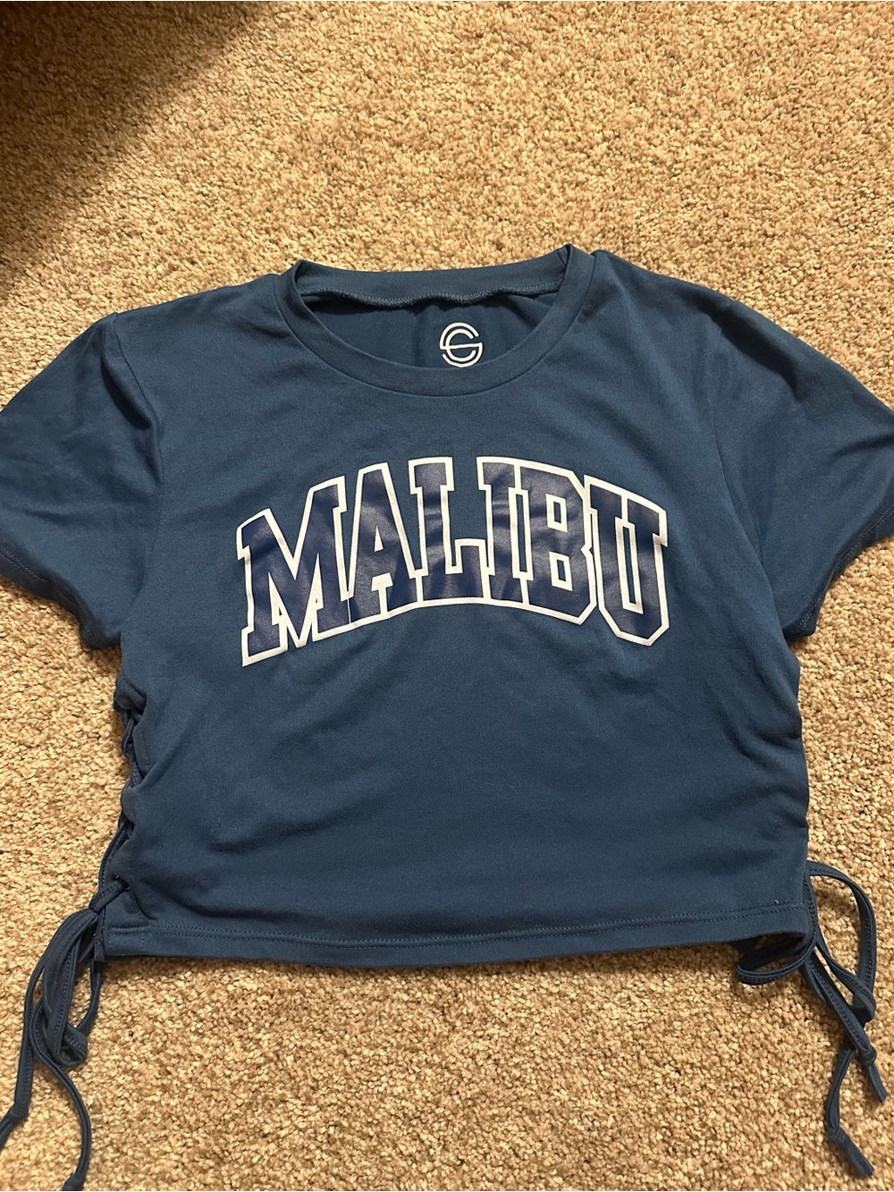 Social Culture Malibu Graphic Side-Tie Crop Top - Navy